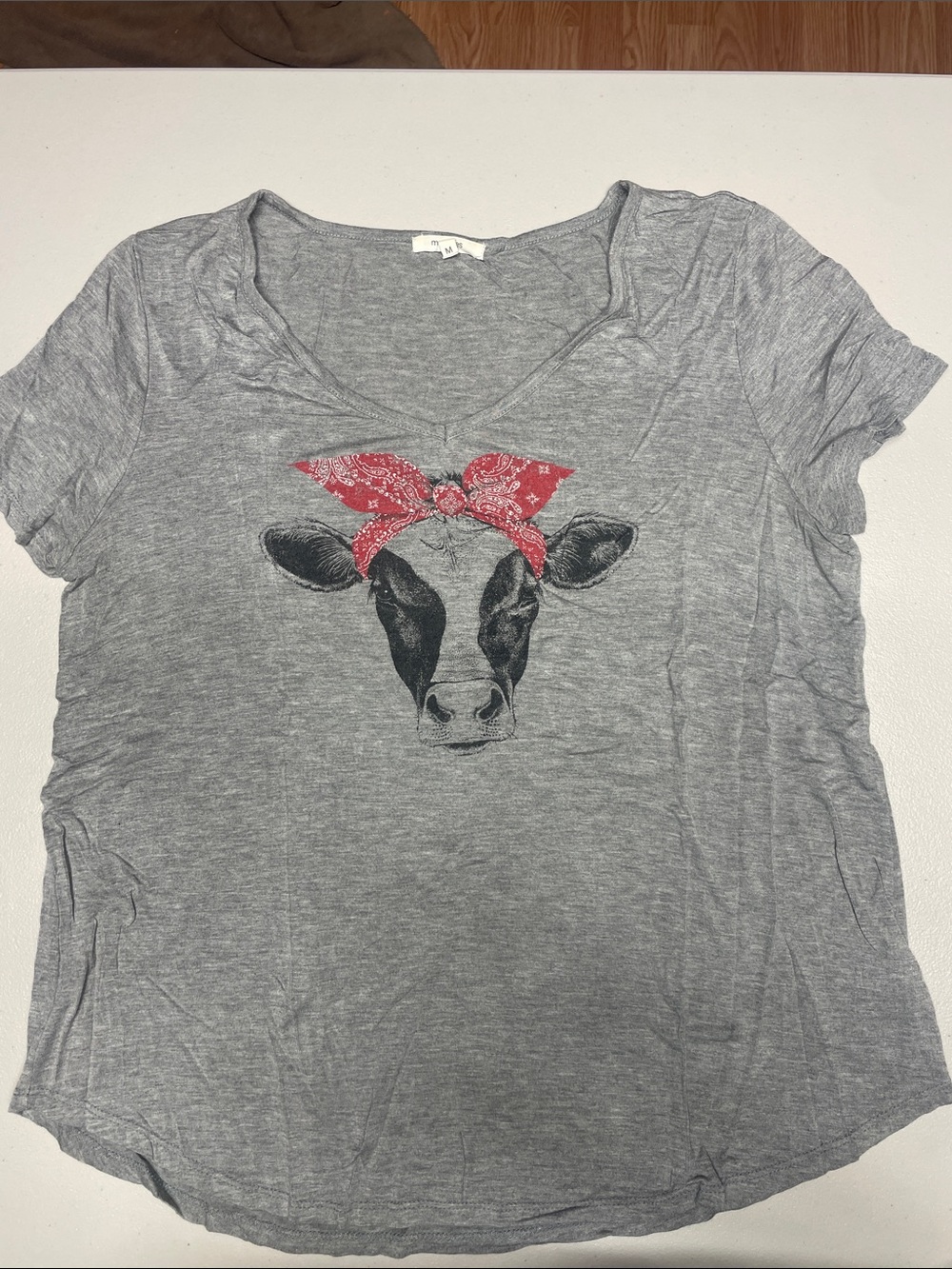 Maurices Gray V-Neck Tee with Red Bandana Cow Graphic